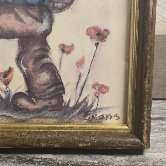 Vintage Bessie Pease Gutmann Print Boy w Flowers Evans Framed Nursery 7x9 - Picture 5 of 9